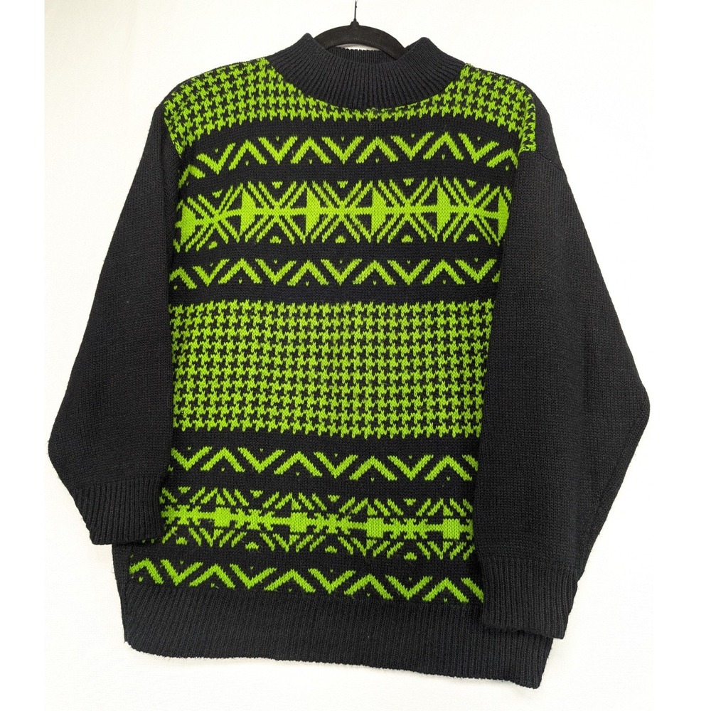 World Trade Knits Vintage Neon Green Black Geometric Houndstooth Sweater USA